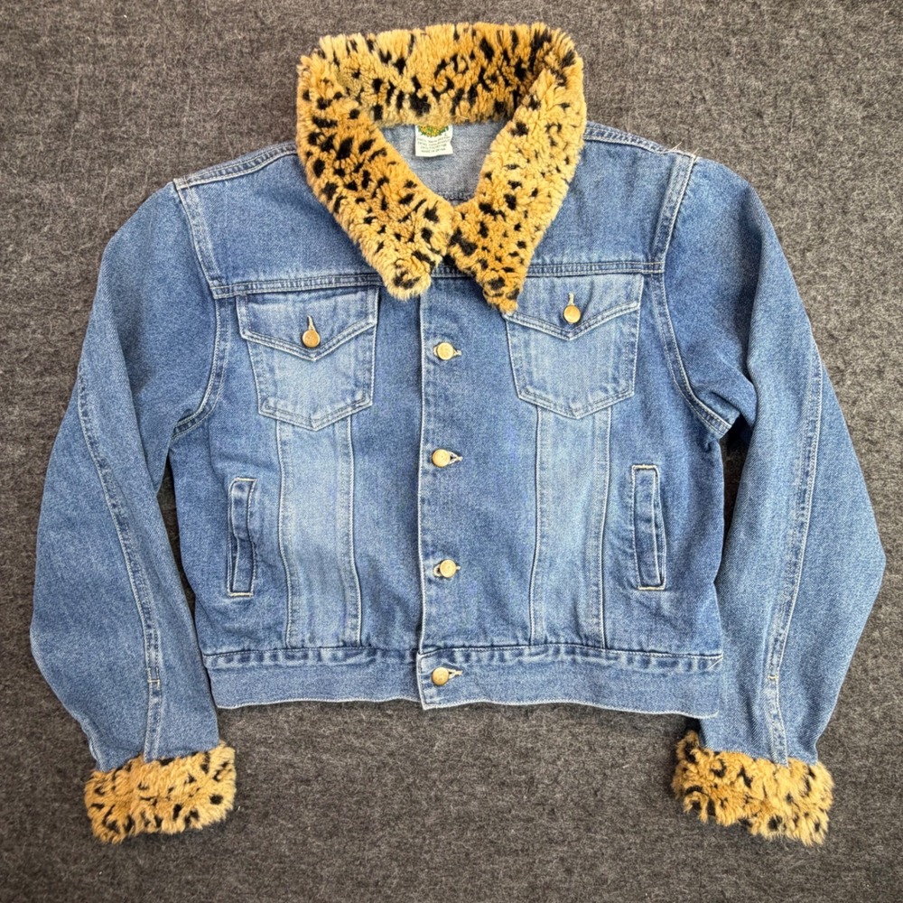 Vintage Y2K Rainforest Cafe Denim Jacket Girl Youth L Blue Leopard Faux Fur Trim
